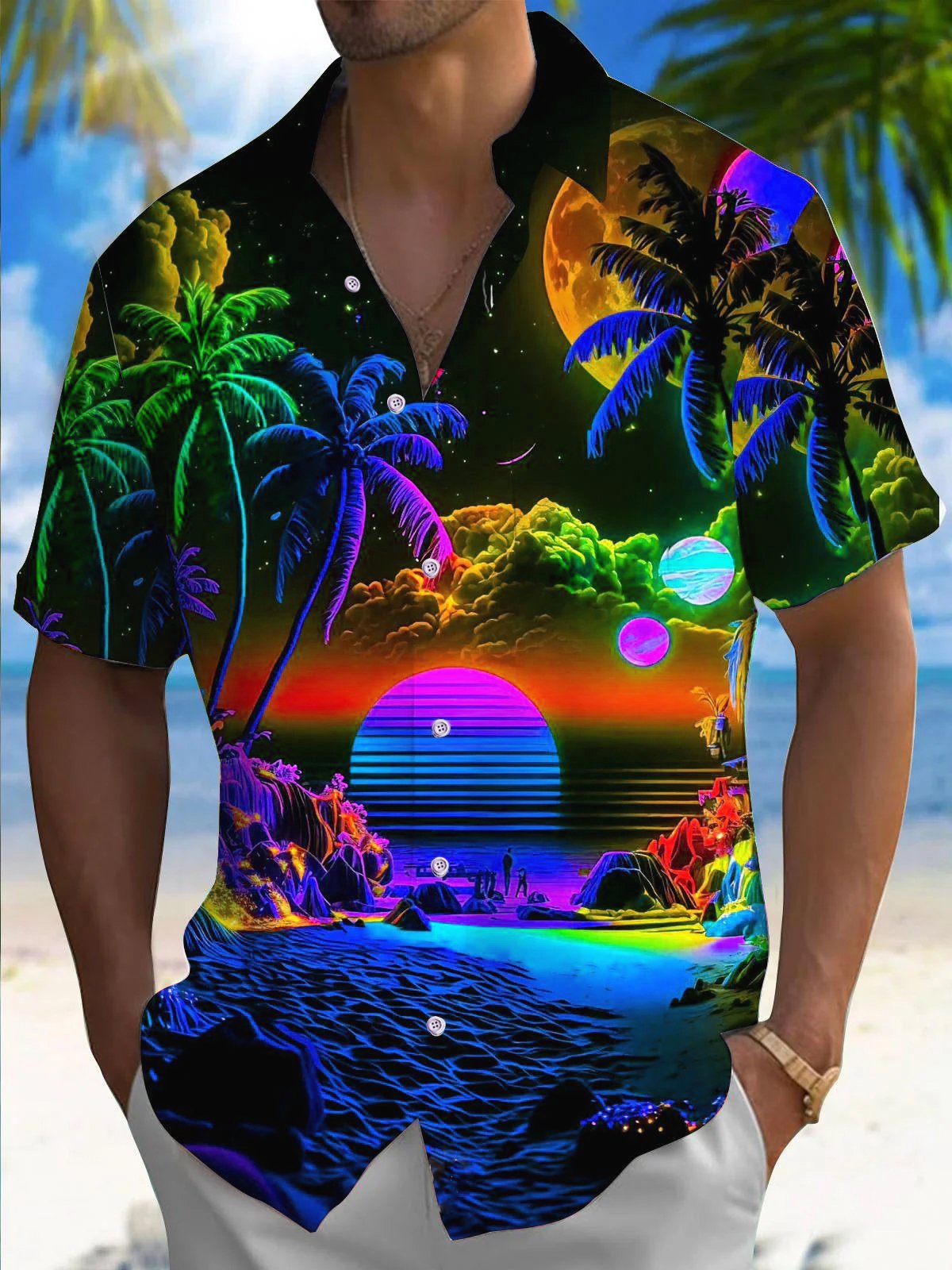 Royaura® Hawaii Coconut Tree Sunset Landscape 3D Print Men's Button Pocket Short Sleeve Shirt