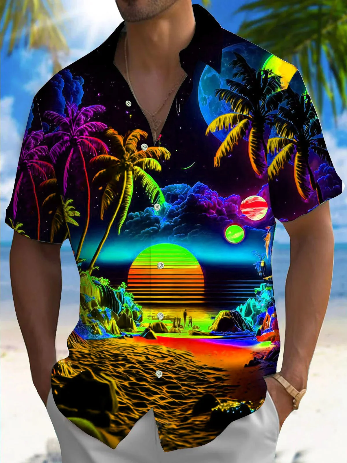 Royaura® Hawaii Coconut Tree Sunset Landscape 3D Print Men's Button Pocket Short Sleeve Shirt