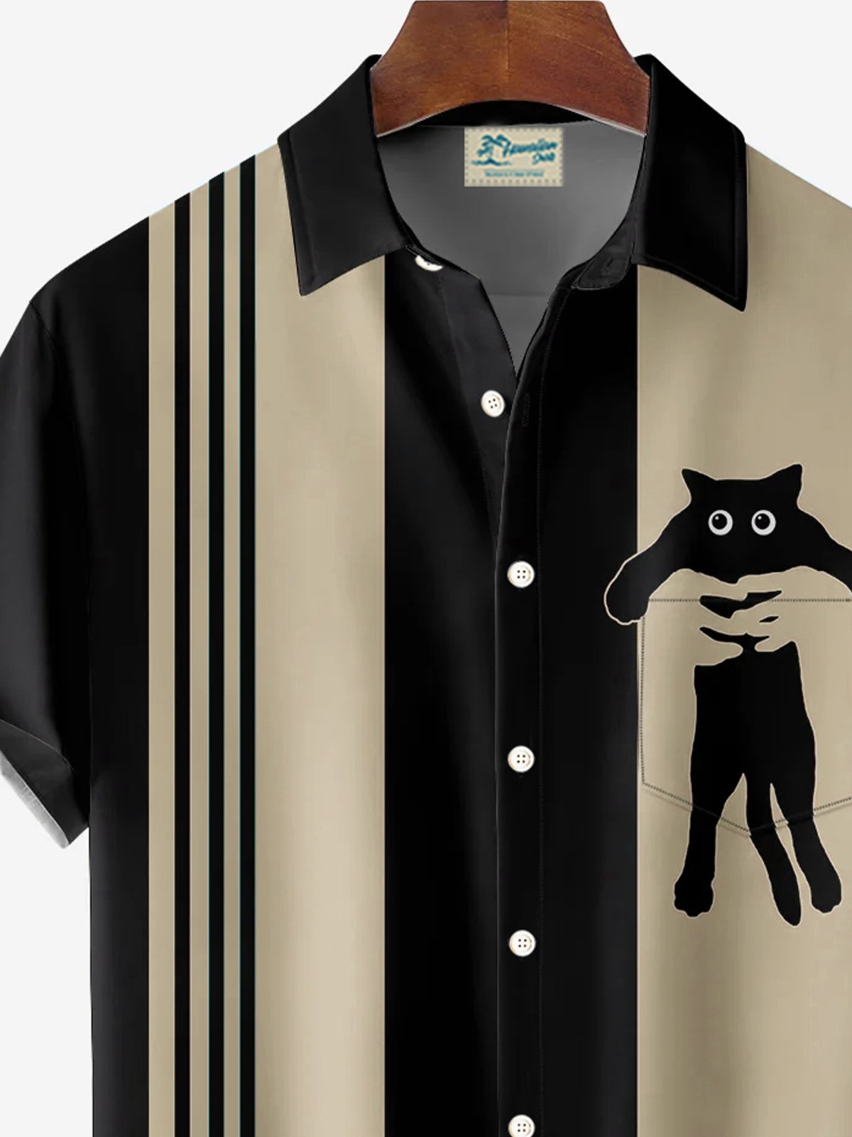 Royaura® Retro Bowling Funny Cat 3D Print Men's Button Pocket Short Sleeve Shirt Big & Tall