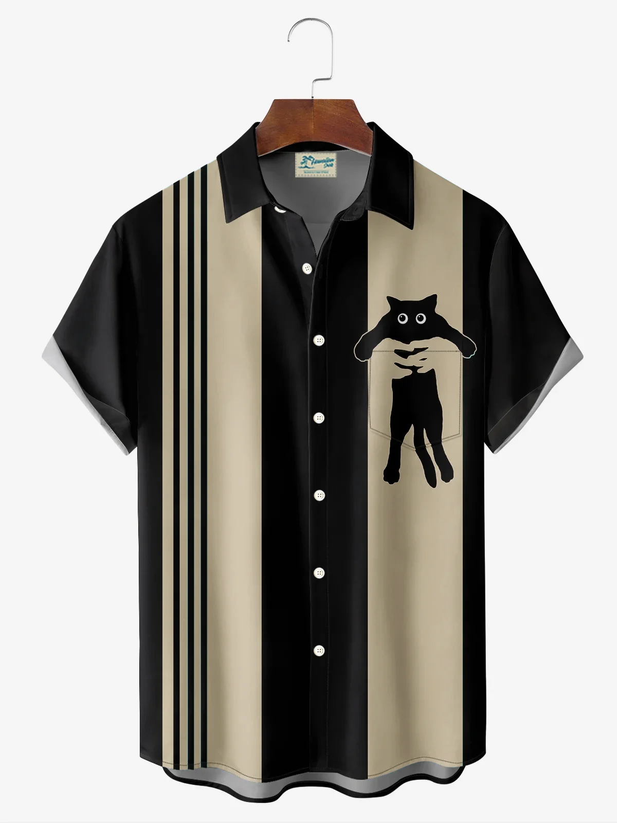 Royaura® Retro Bowling Funny Cat 3D Print Men's Button Pocket Short Sleeve Shirt Big & Tall