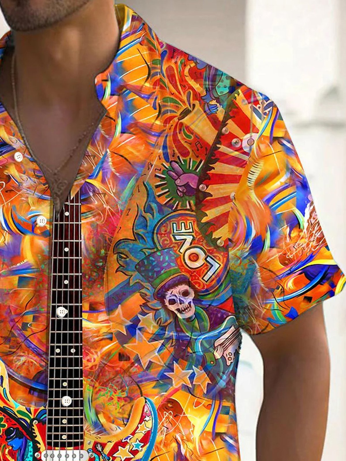 Royaura® Retro Hippie Guitar Music 3D Print Men's Button Pocket Short Sleeve Shirt Big & Tall