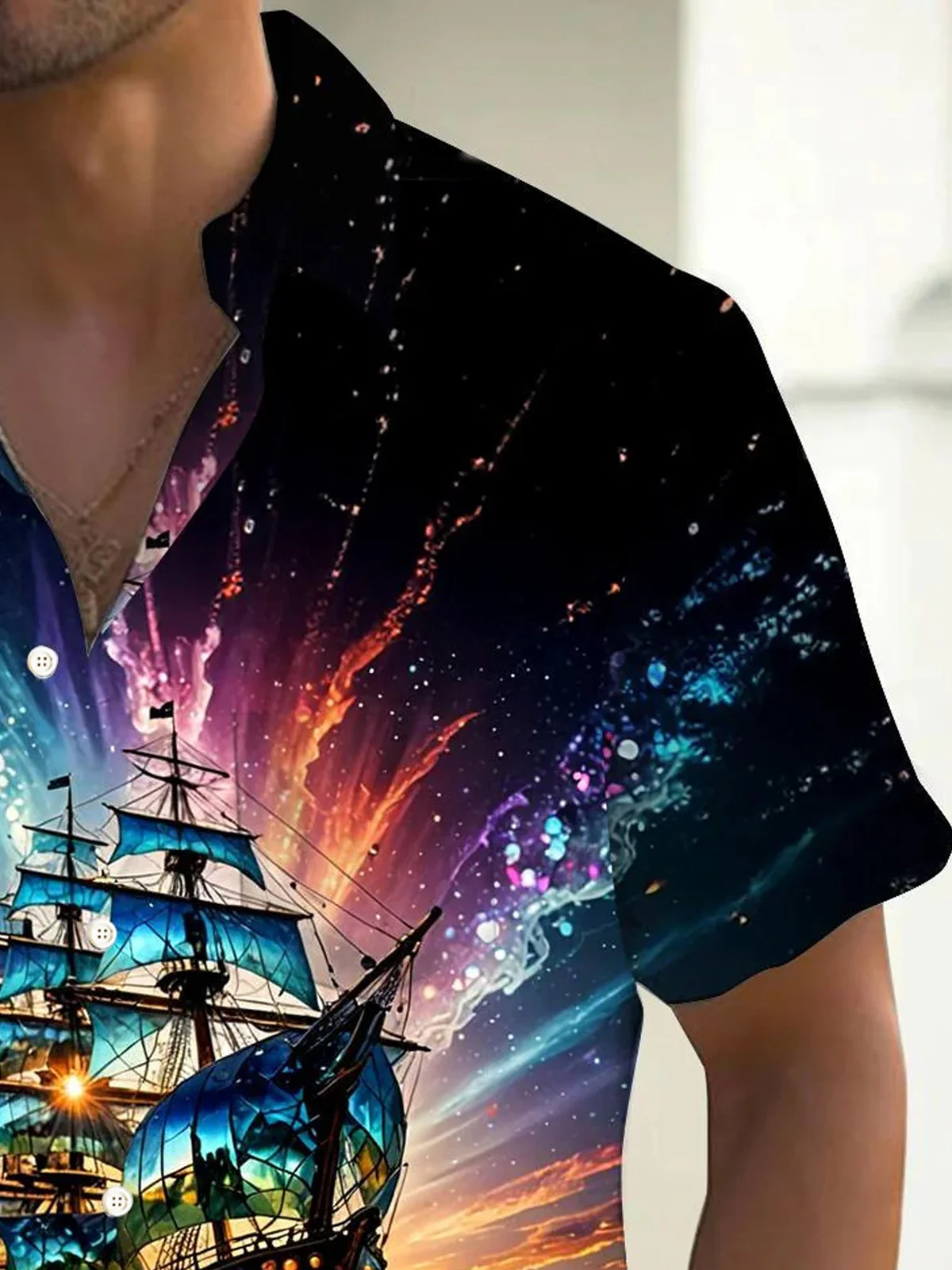 Royaura® Retro Nautical Pirate Ship Gradient 3D Print Men's Button Pocket Short Sleeve Shirt Big & Tall