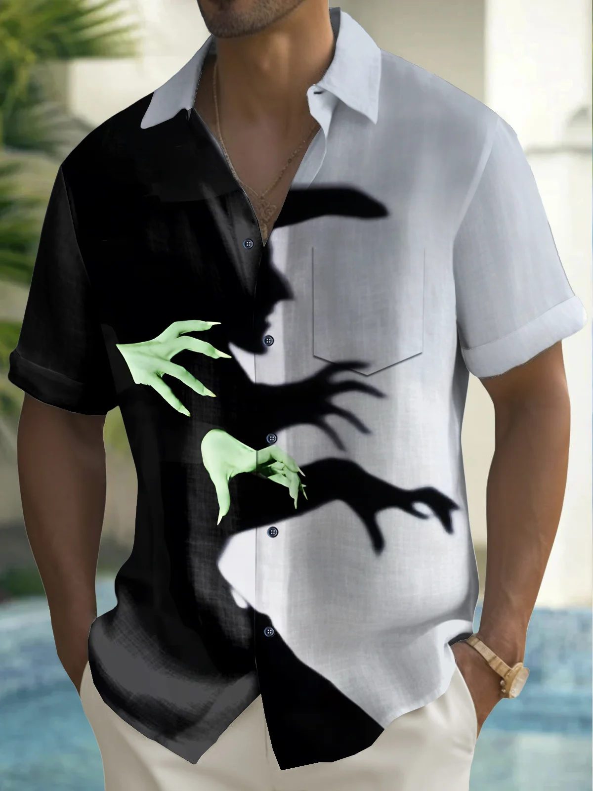 Royaura® Holiday Men's Halloween Witch Print Casual Breathable Short Sleeve Shirt Big Tall