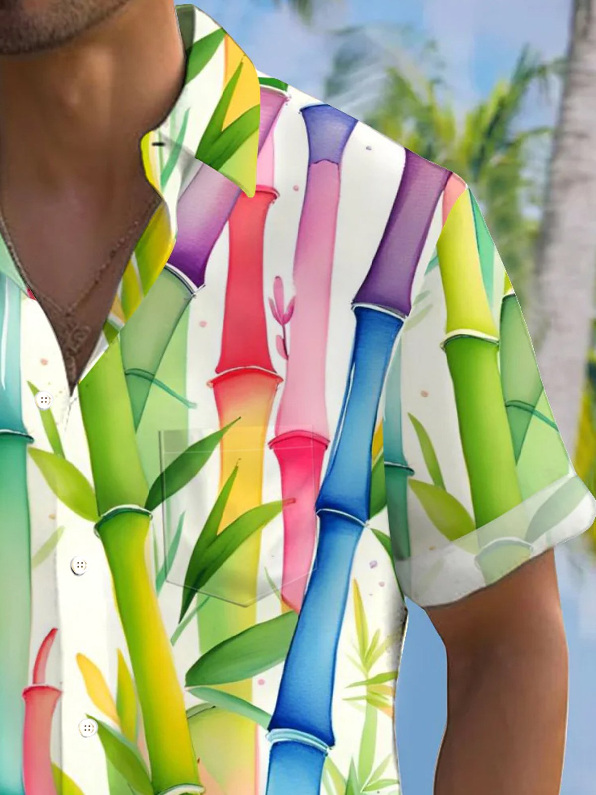 Royaura® Hawaiian Bamboo Gradient 3D Print Men's Button Pocket Short Sleeve Shirt Big & Tall