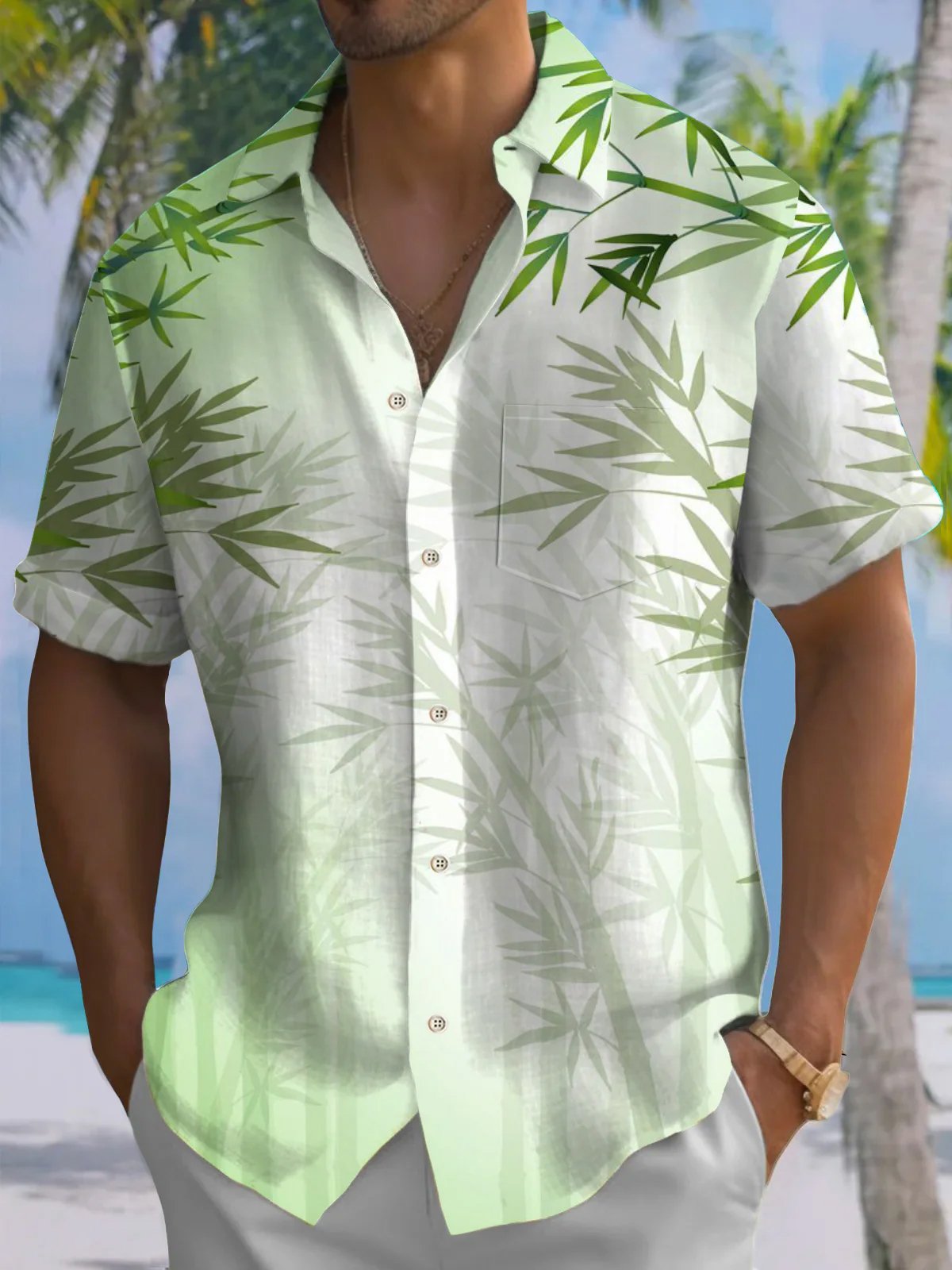 Royaura® Hawaiian Bamboo Gradient 3D Print Men's Button Pocket Short Sleeve Shirt Big & Tall