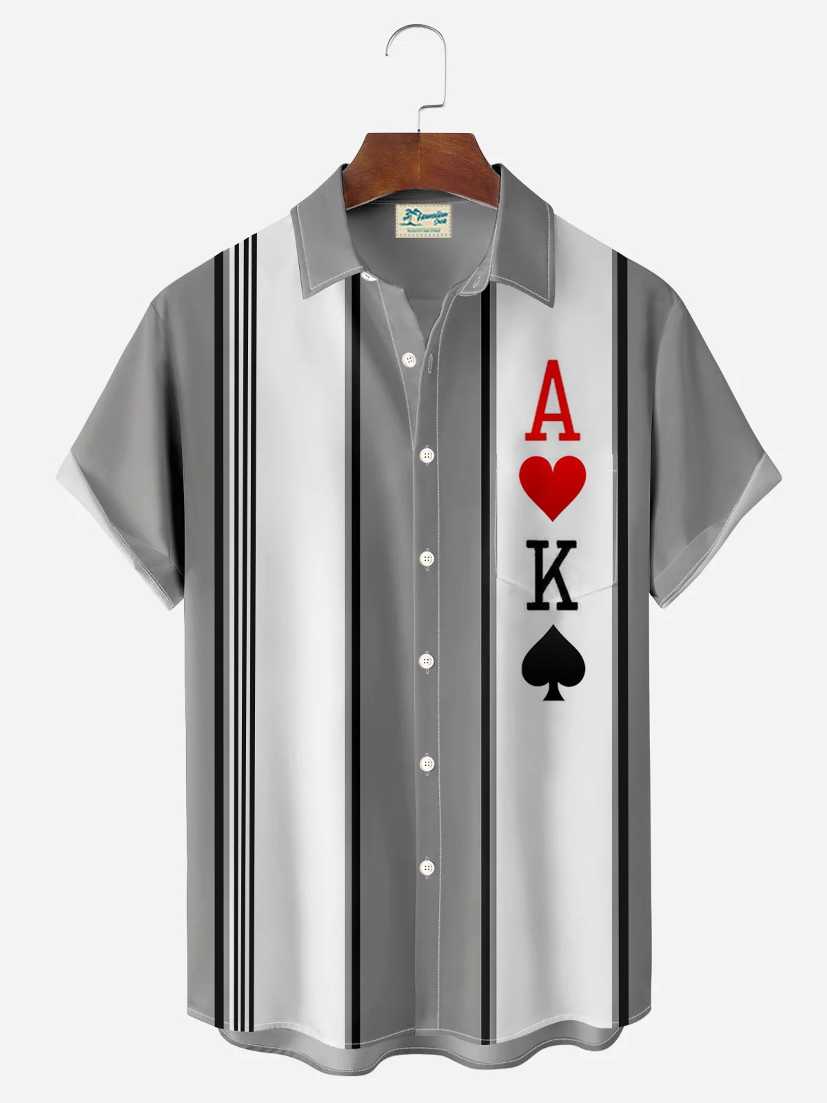 Royaura® Retro Bowling Stripe Poker 3D Print Men's Button Pocket Short Sleeve Shirt Big & Tall