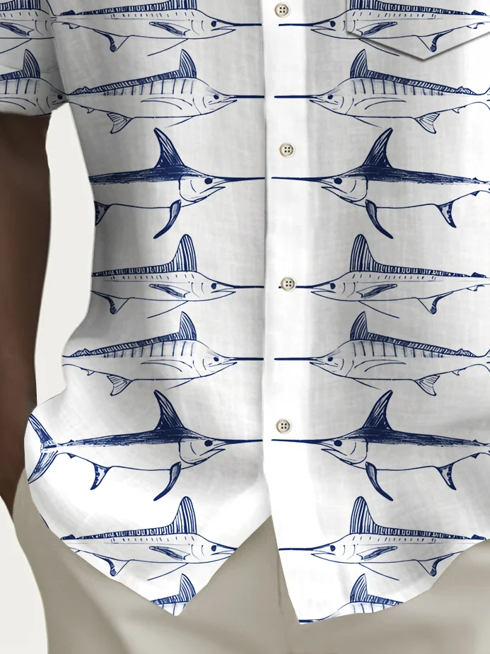Royaura® Beach Vacation Men's Hawaiian Shirt Swordfish Nautical Print Pocket Camping Shirt Big Tall