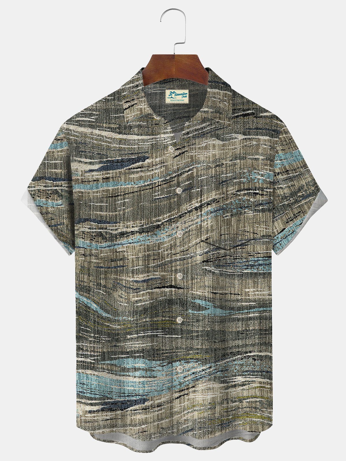 Royaura® 50's Vintage Art Textured Gray Green Men's Hawaiian Shirt Camp Pocket Stretch Shirt Big Tall