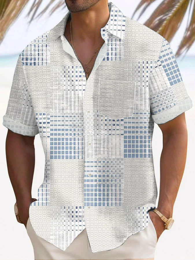 Royaura® Vintage Geometric Texture Print Chest Pocket Men's High Shirt Big Tall