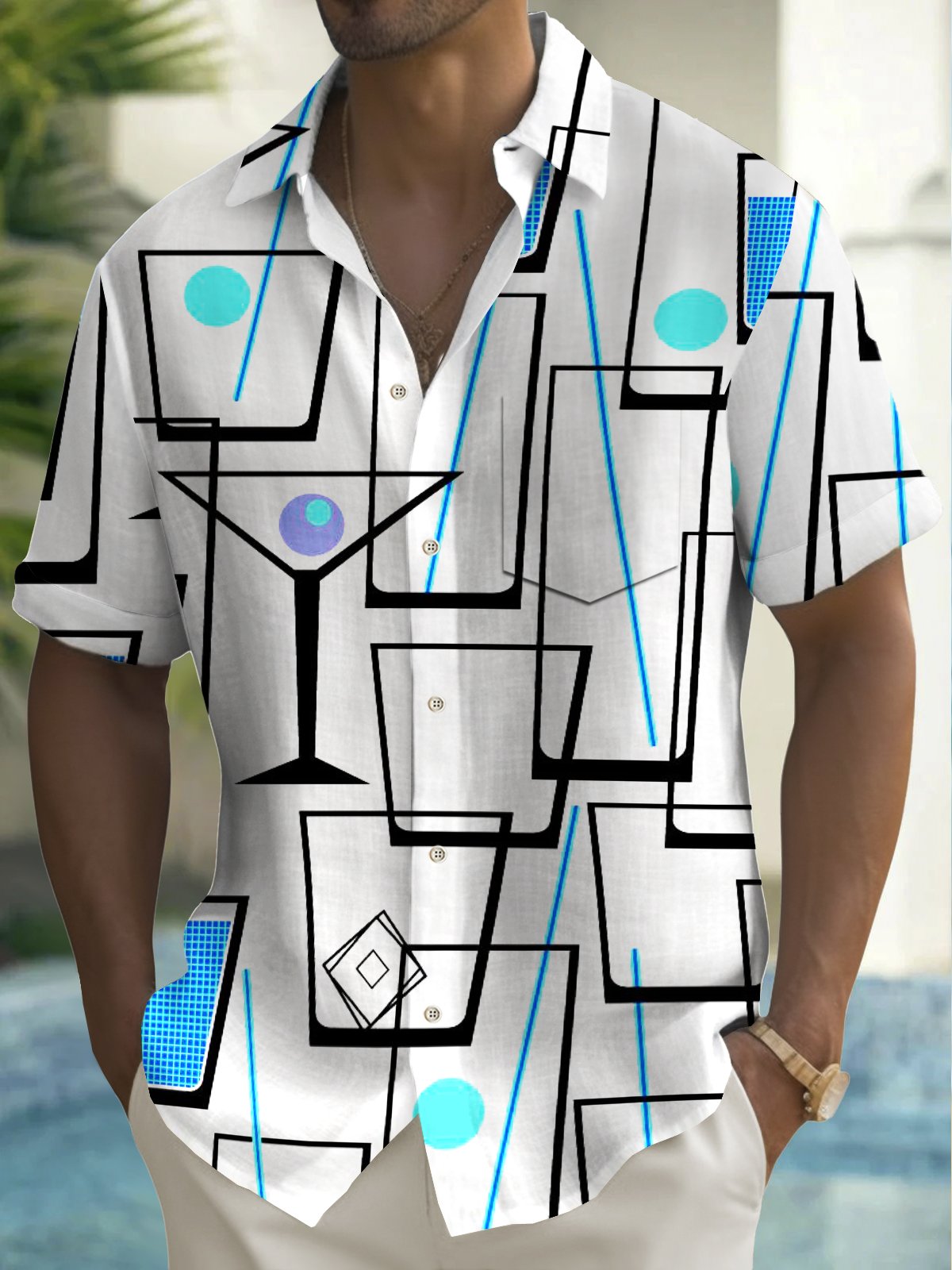 Royaura® Vintage Geometric Cocktail Print Chest Pocket Men's High Shirt Big Tall