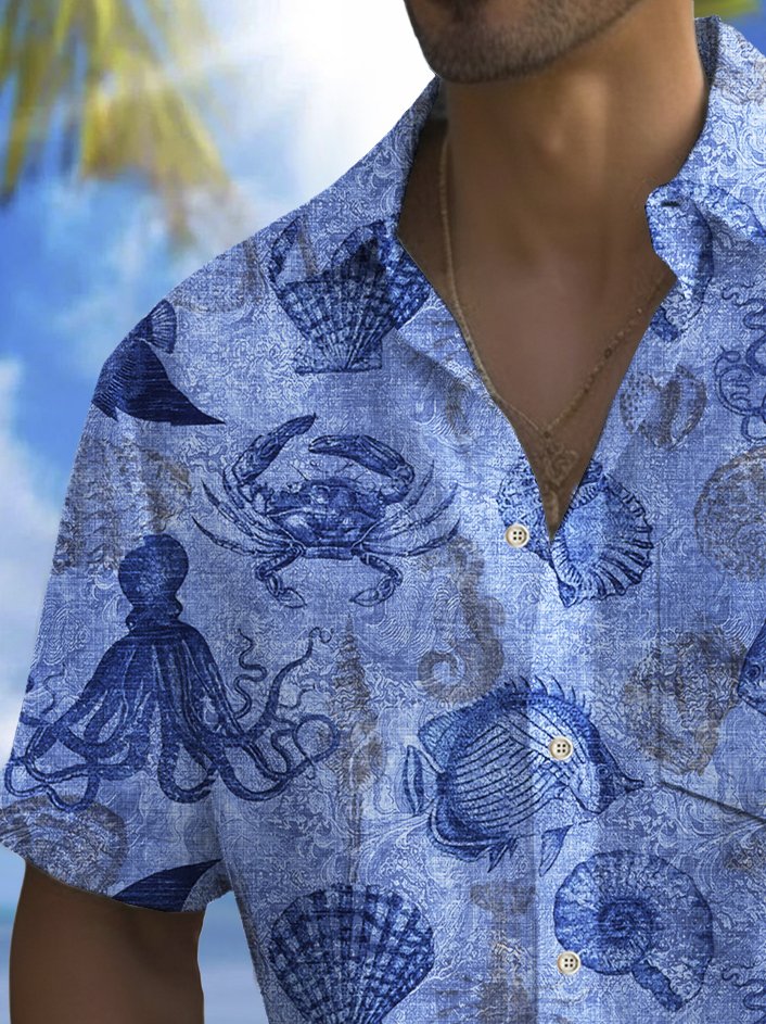 Royaura® Beach Vacation Men's Hawaiian Shirt Marine Animal Print Pocket Camping Shirt Big Tall