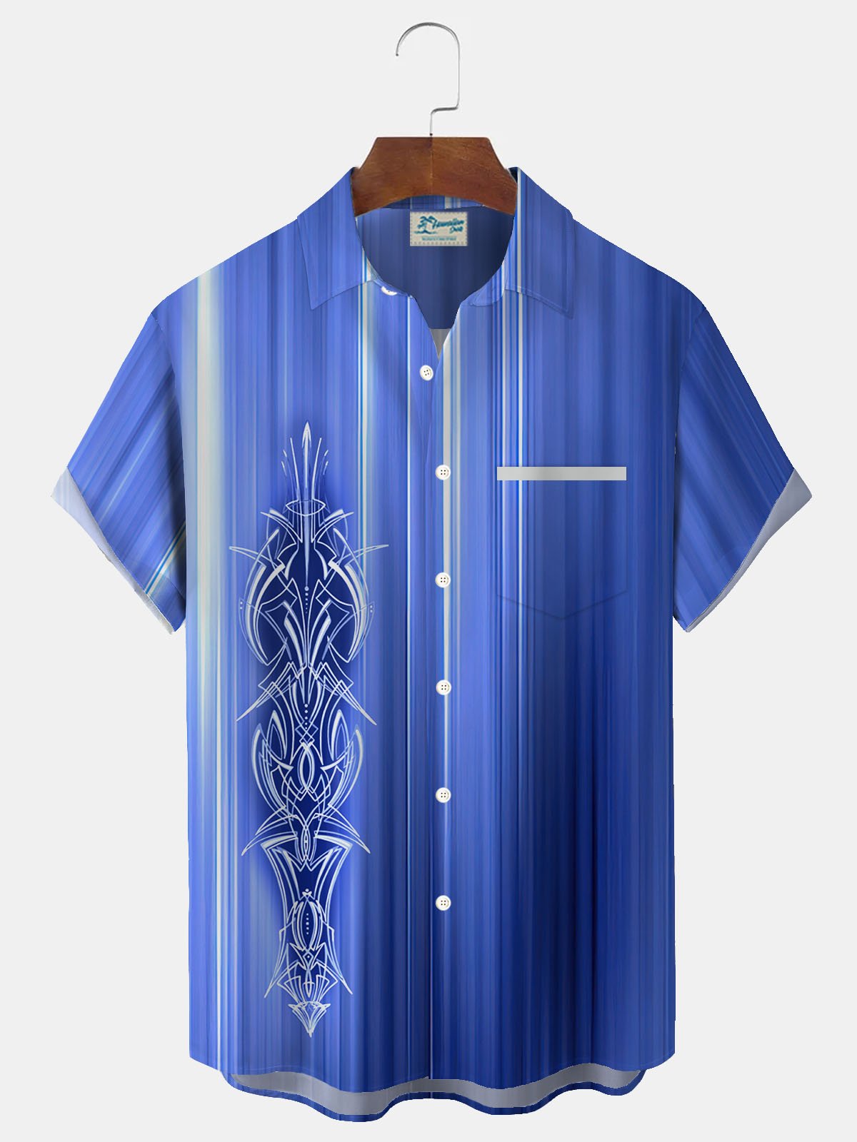 Royaura®Retro Car Pinstriped Bowling Gradient Print Men's Button Pocket Short Sleeve Shirt