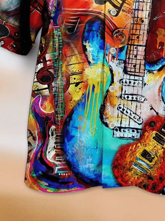 Royaura® Vintage Music Guitar Print Chest Pocket Men's High Shirt Big Tall