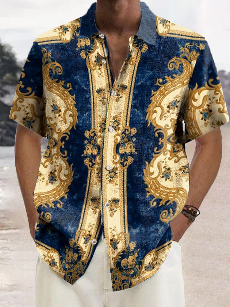 Royaura® Retro Geometric Baroque Court Style Men's Button Pocket Short Sleeve Shirt Big & Tall