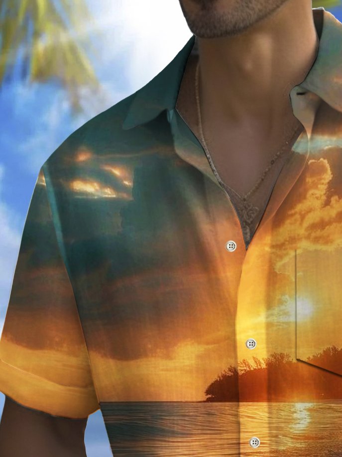 Royaura® Beach Vacation Men's Hawaiian Shirt Sunset Beach Print Pocket Camping Shirt Big Tall