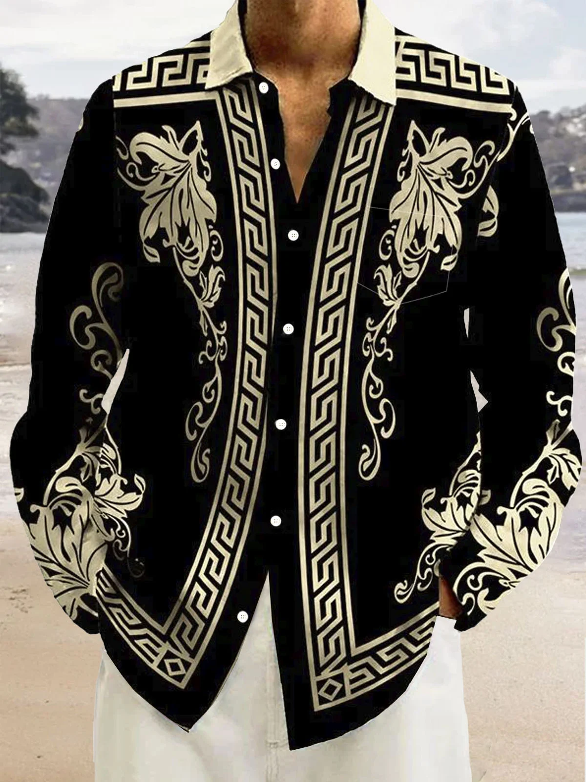 Royaura® Retro Baroque Palace Style Geometric 3D Men's Button Pocket Long Sleeve Shirt Big & Tall