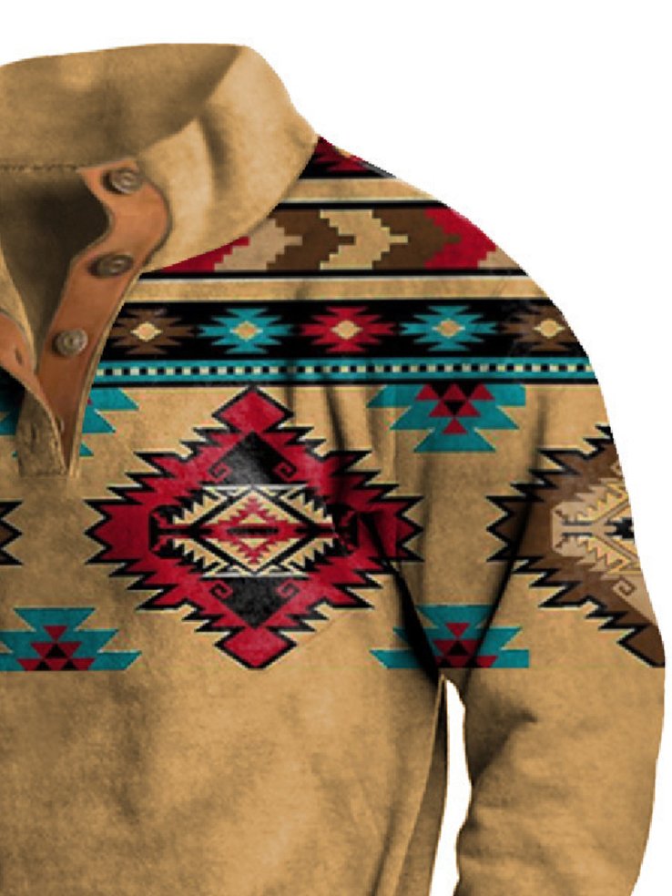 Royaura® Men's Western Ethnic Print Men's Button Stand Collar Sweatshirt