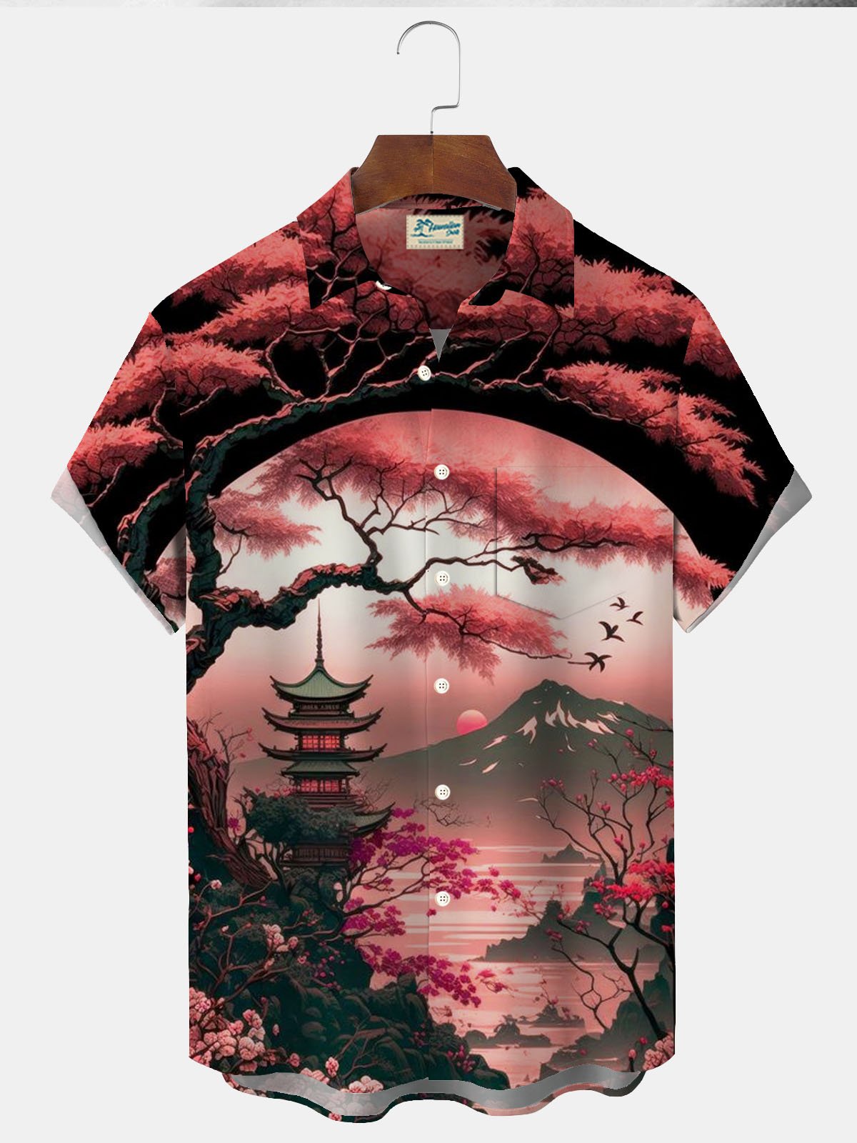 Royaura® Retro Ukiyoe Plum Blossom Scenery 3D Print Men's Button Pocket Short Sleeve Shirt Big & Tall