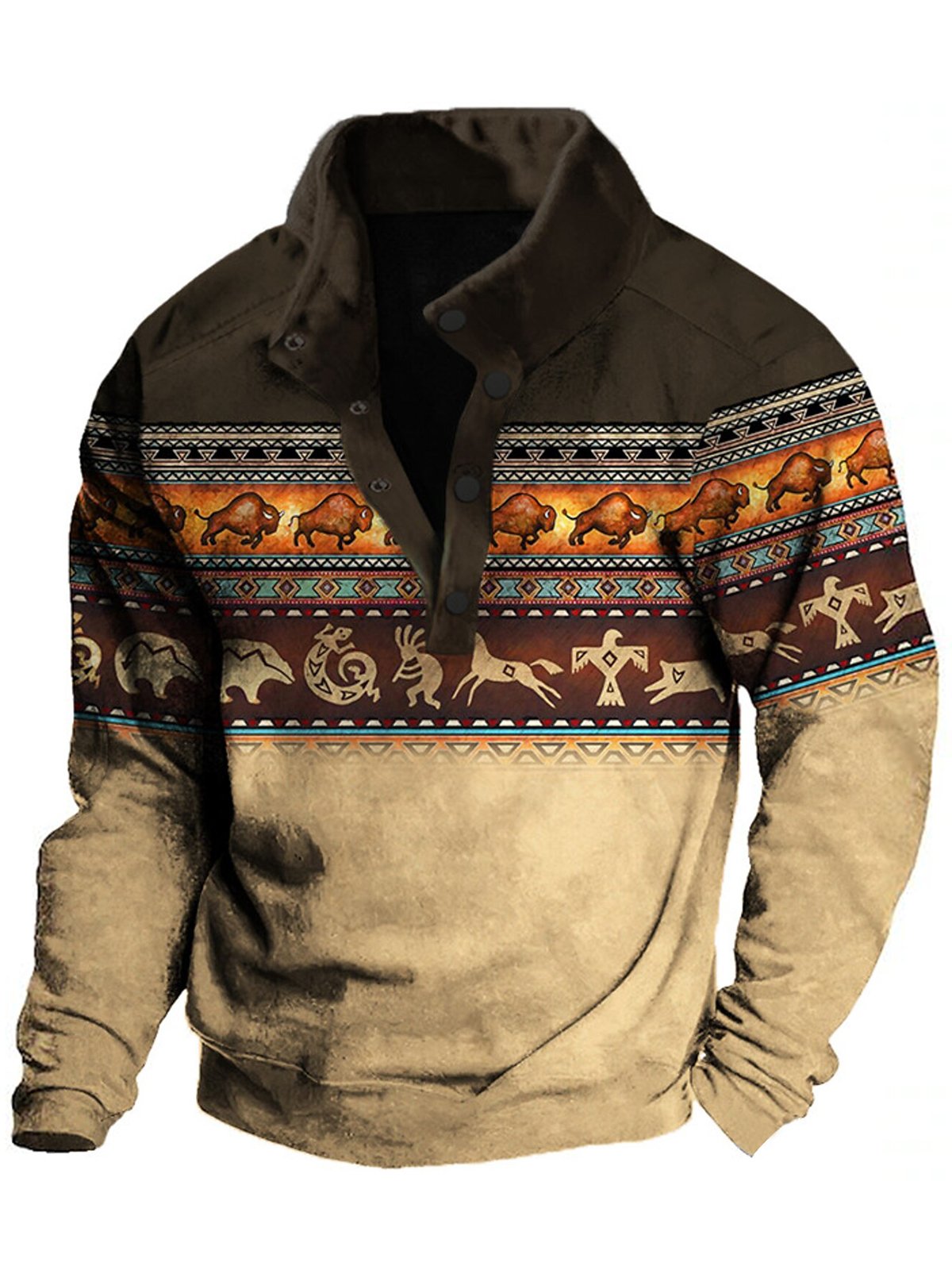 Royaura® Men's Western Ethnic Print Men's Button Stand Collar Sweatshirt