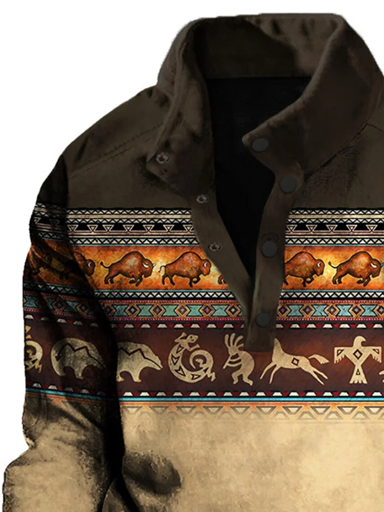 Royaura® Men's Western Ethnic Print Men's Button Stand Collar Sweatshirt