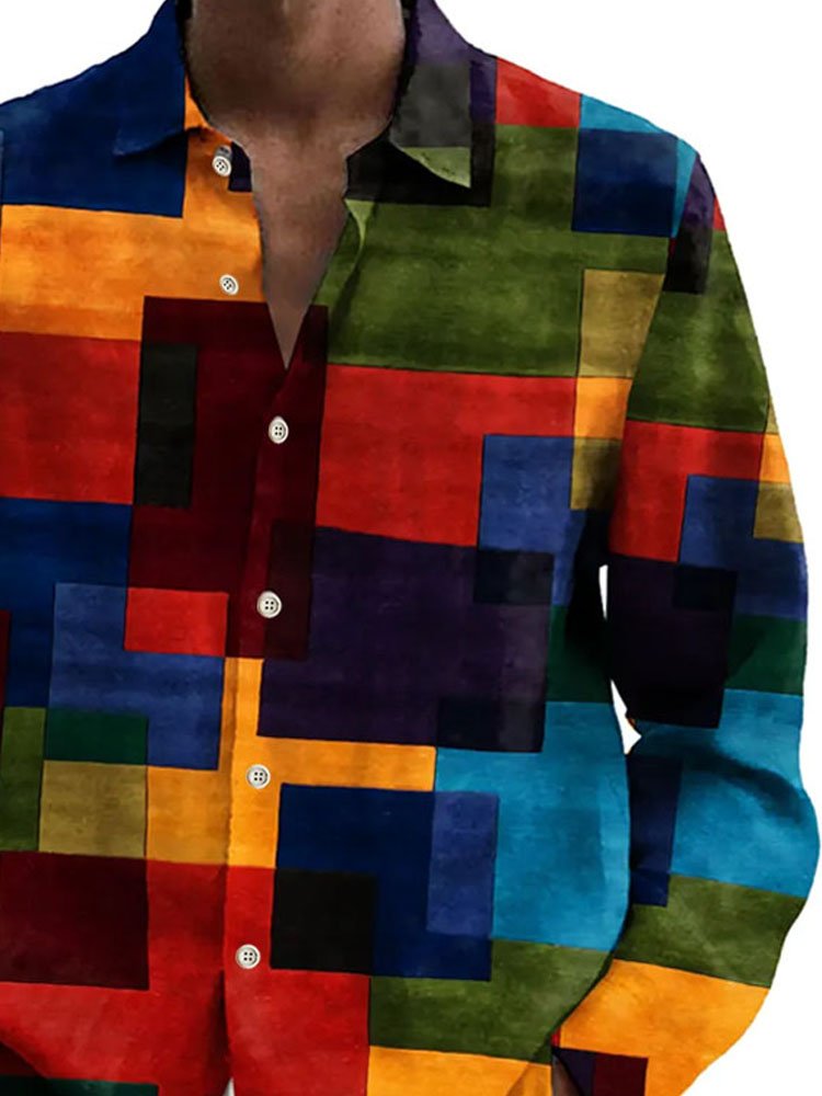 Royaura® Retro Geometric Color Block 3D Digital Printed Men's Button Pocket Long Sleeve Shirt