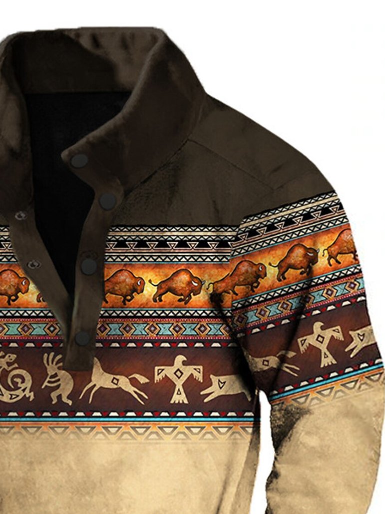 Royaura® Men's Western Ethnic Print Men's Button Stand Collar Sweatshirt