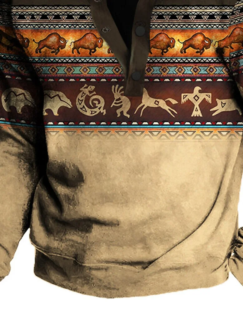 Royaura® Men's Western Ethnic Print Men's Button Stand Collar Sweatshirt