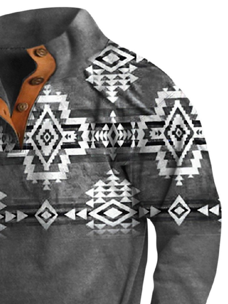 Royaura® Men's Western Ethnic Print Men's Button Stand Collar Sweatshirt