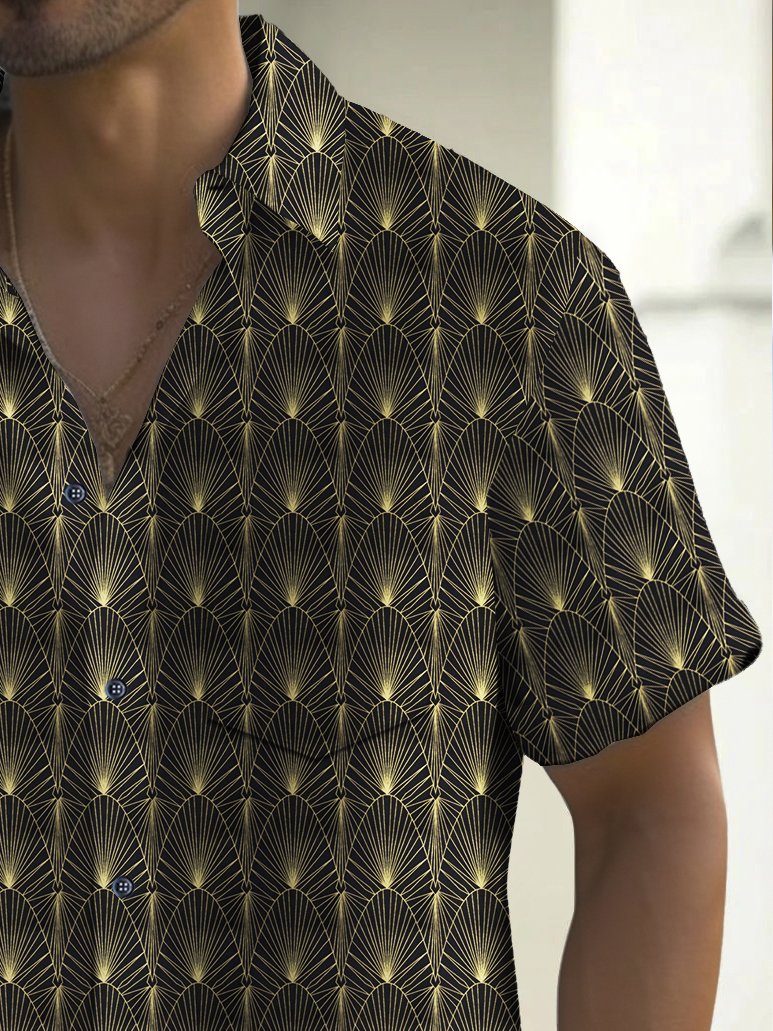 Royaura® Vintage Black Gold Geometric Line Print Chest Pocket Men's High Shirt Big Tall