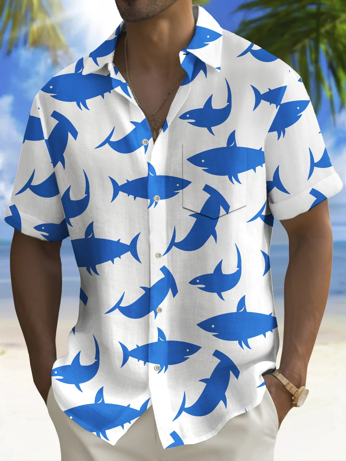 Royaura® Beach Vacation Men's Hawaiian Shirt Shark Print Pocket Camping Shirt Big Tall