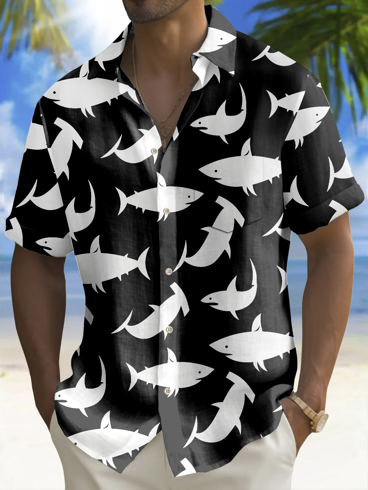 Royaura® Beach Vacation Men's Hawaiian Shirt Shark Print Pocket Camping Shirt Big Tall