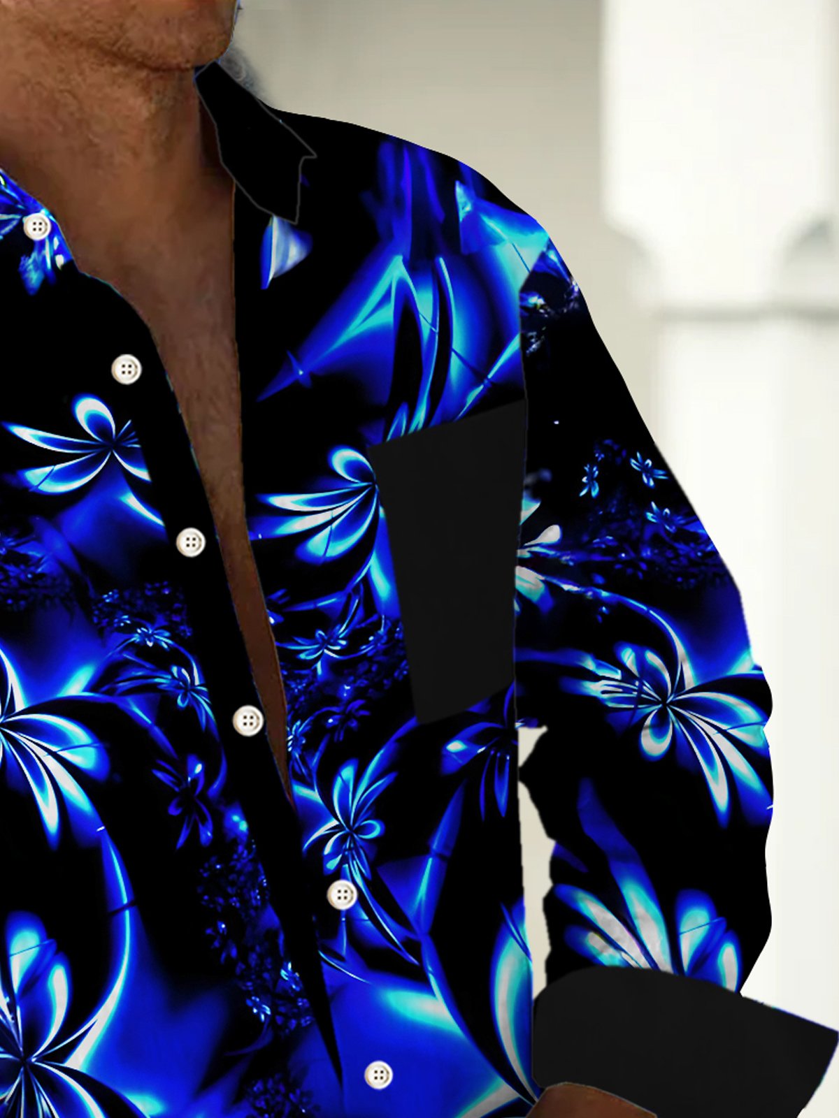 Royaura® Retro Blue Gradient Floral 3D Digital Print Men's Button Pocket Long Sleeve Shirt Big & Tall