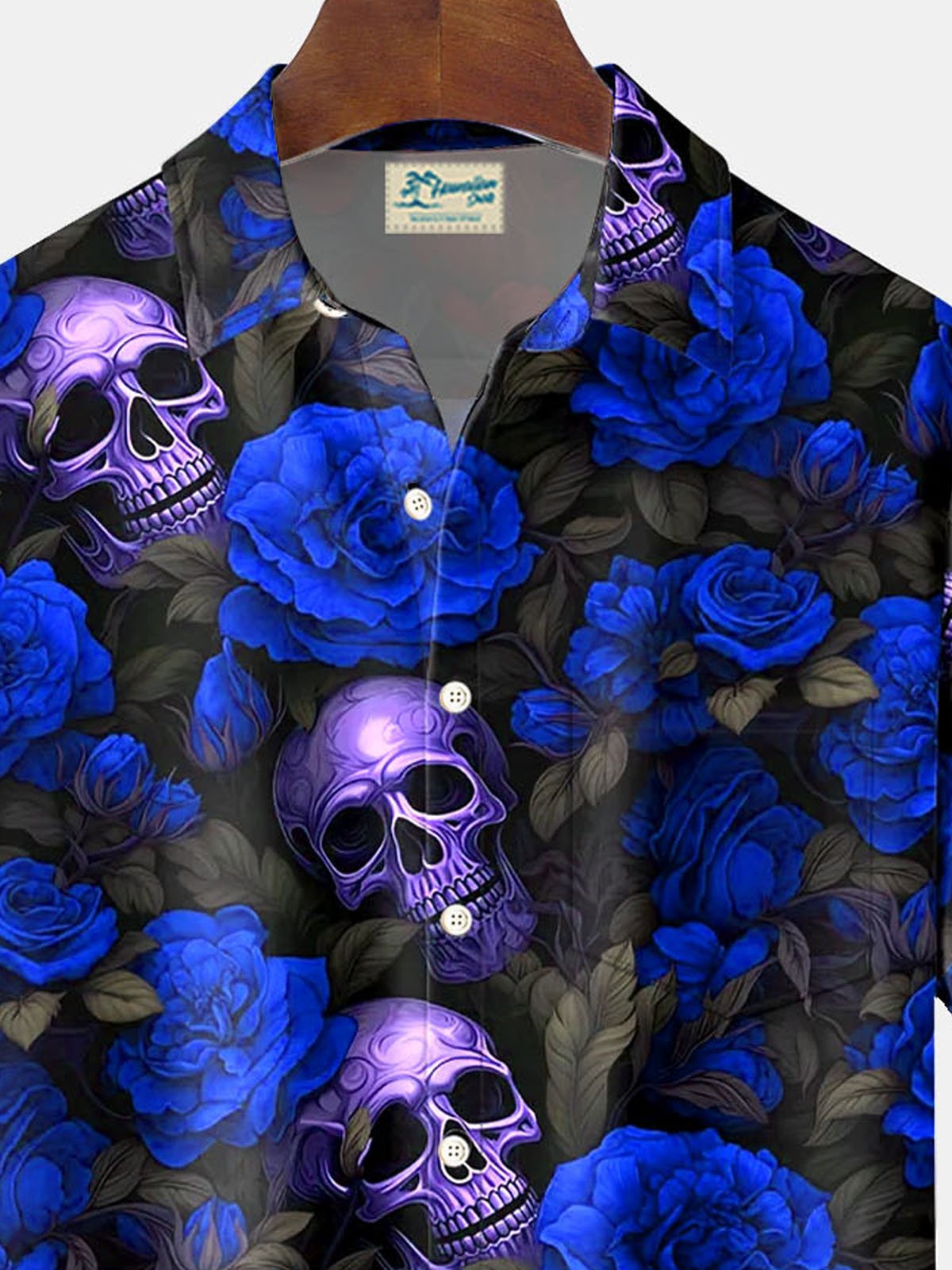 Royaura® Retro Skull Flower 3D Digital Print Men's Button Pocket Short Sleeve Shirt Big & Tall