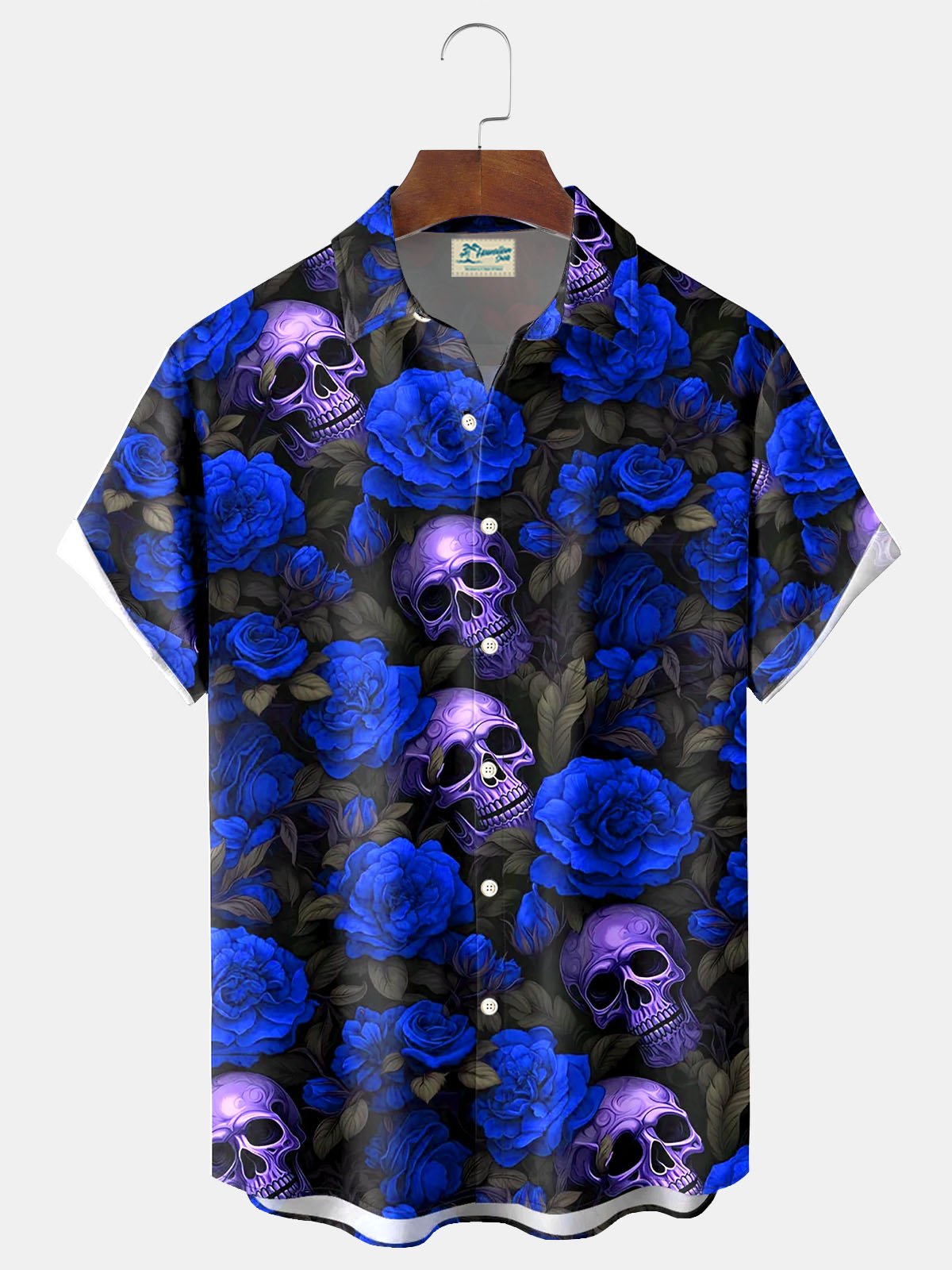 Royaura® Retro Skull Flower 3D Digital Print Men's Button Pocket Short Sleeve Shirt Big & Tall