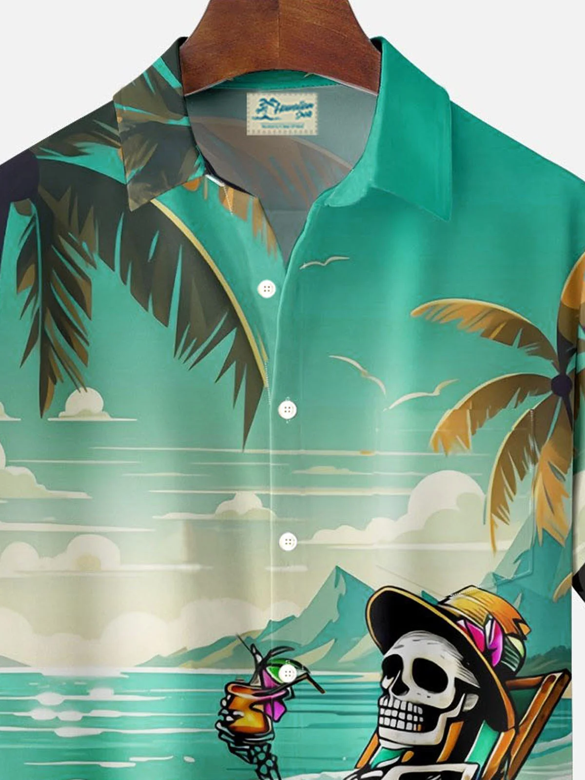 Royaura® Hawaiian Coconut Tree Skull Halloween 3D Digital Print Men's Button Pocket Short Sleeve ShirtBig & Tall