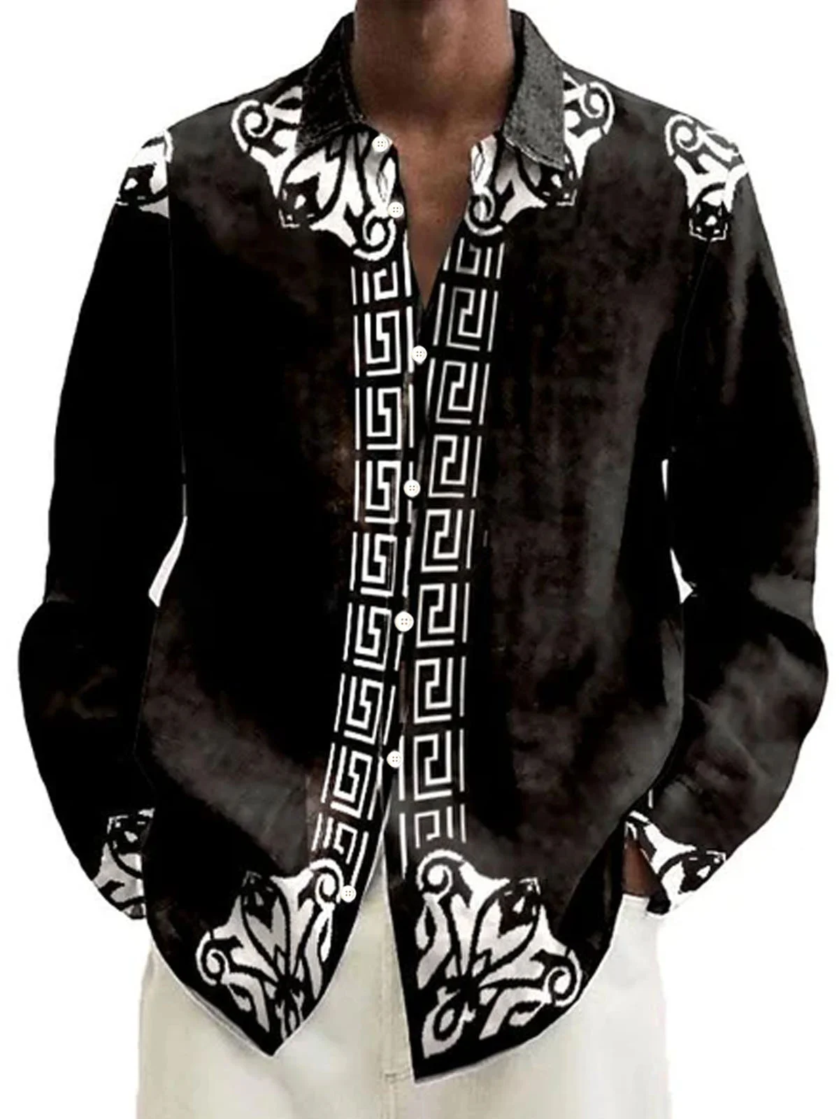 Royaura® Retro Baroque Palace Style Geometric 3D Digital Print Men's Button Pocket Long Sleeve Shirt Big & Tall