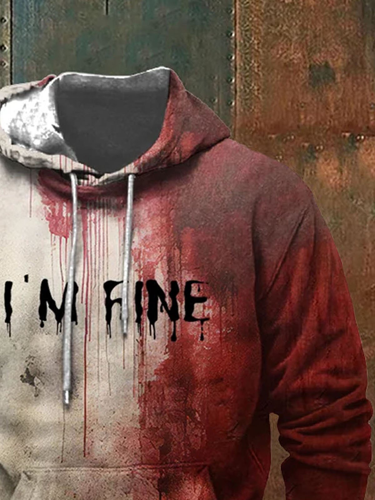 Royaura® Retro I'm Fine Letters Gradient Halloween 3D Digital Print Men's Drawstring Hooded Sweatshirt