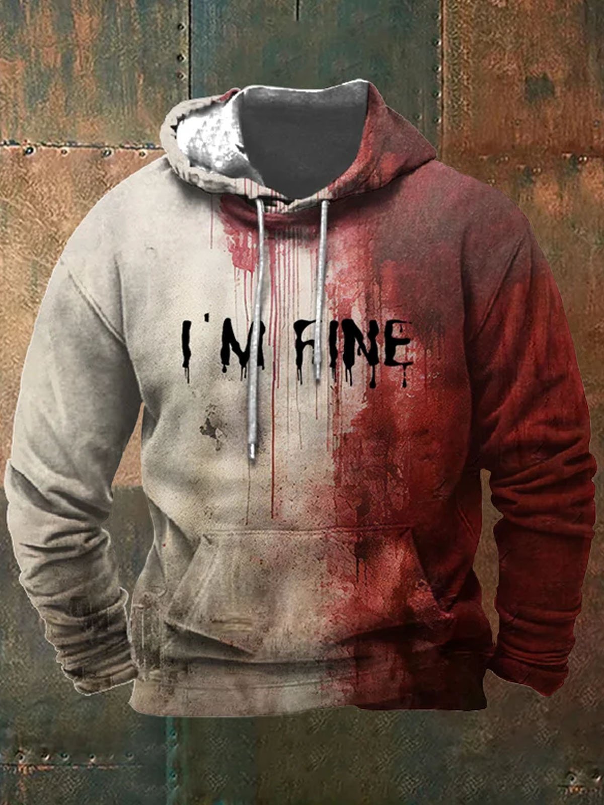 Royaura® Retro I'm Fine Letters Gradient Halloween 3D Digital Print Men's Drawstring Hooded Sweatshirt