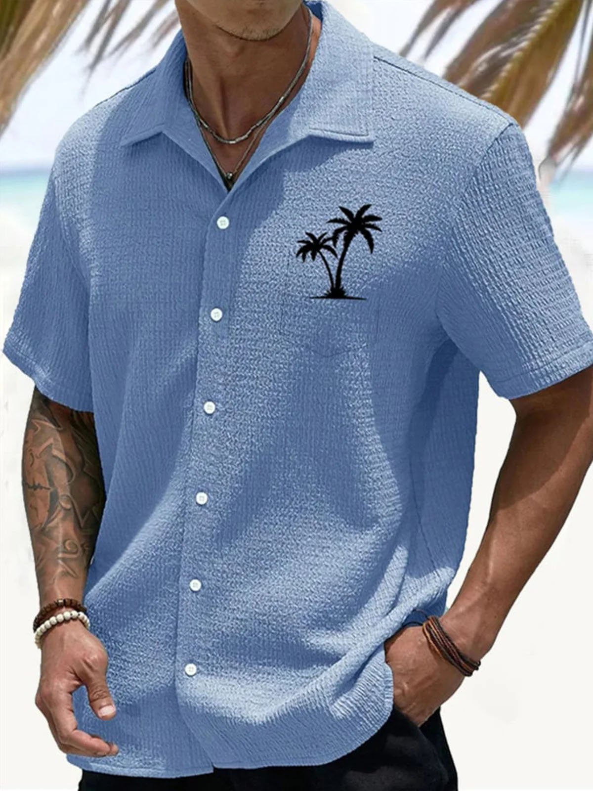 Royaura® Hawaiian Coconut Tree Puff Crepe 3D Digital Print Men's Button Pocket Short Sleeve Shirt Big & Tall