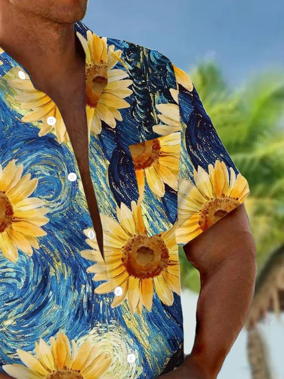 Royaura® Hawaiian Sunflower Art Oil Painting 3D Digital Print Men's Button Pocket Short Sleeve Shirt Big & Tall