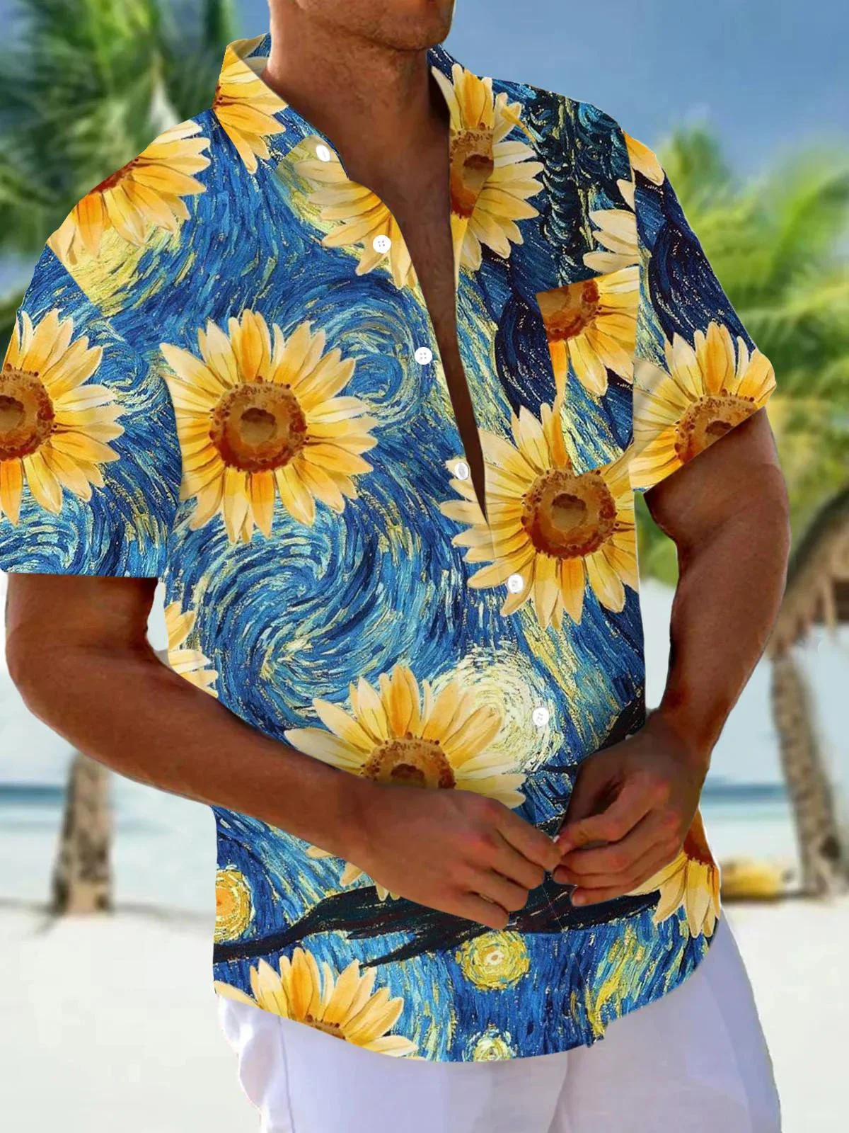 Royaura® Hawaiian Sunflower Art Oil Painting 3D Digital Print Men's Button Pocket Short Sleeve Shirt Big & Tall