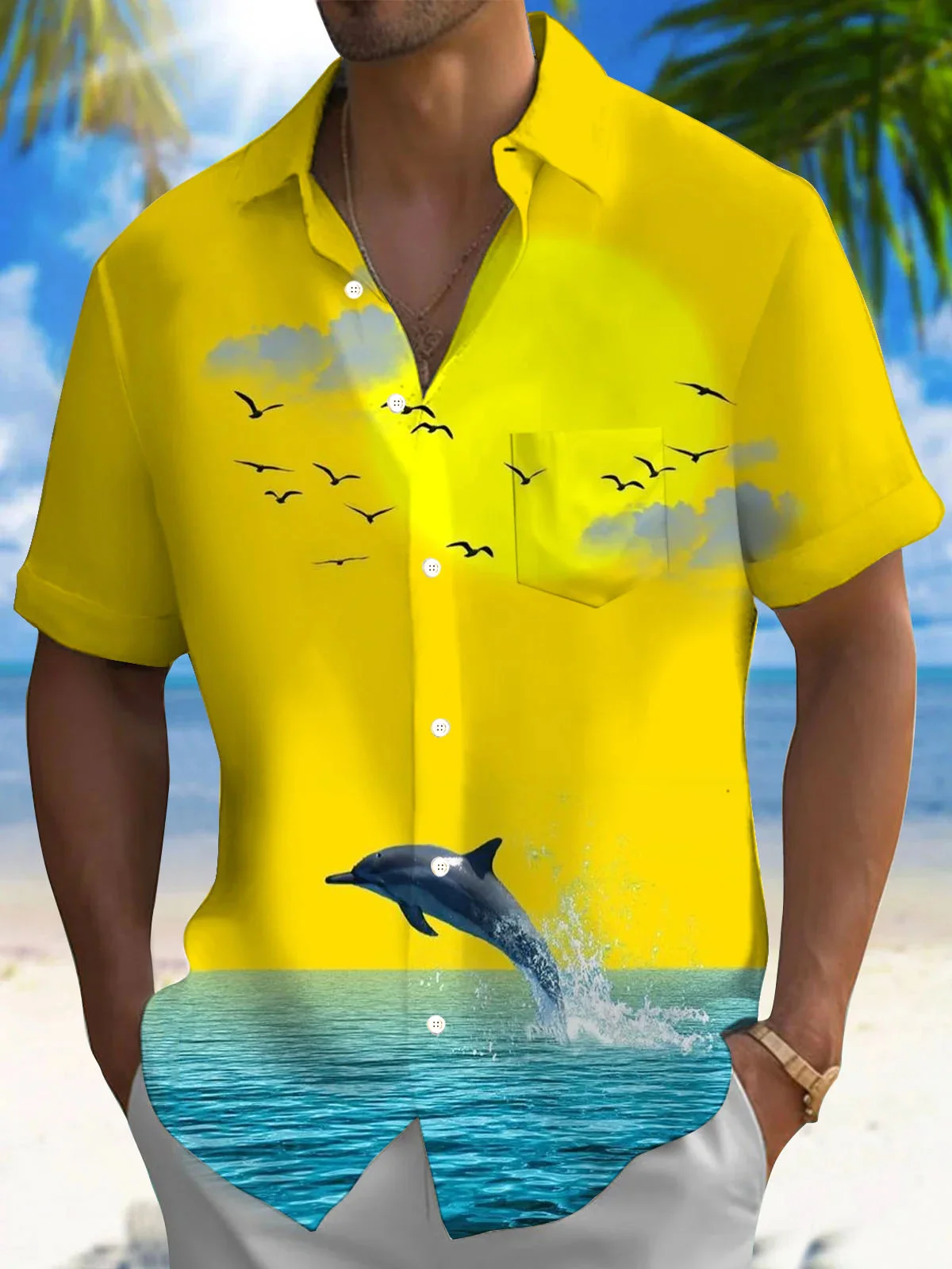 Royaura® Hawaiian Dolphin Oil Painting 3D Digital Printing Men's Button Pocket Short Sleeve Shirt Big & Tall