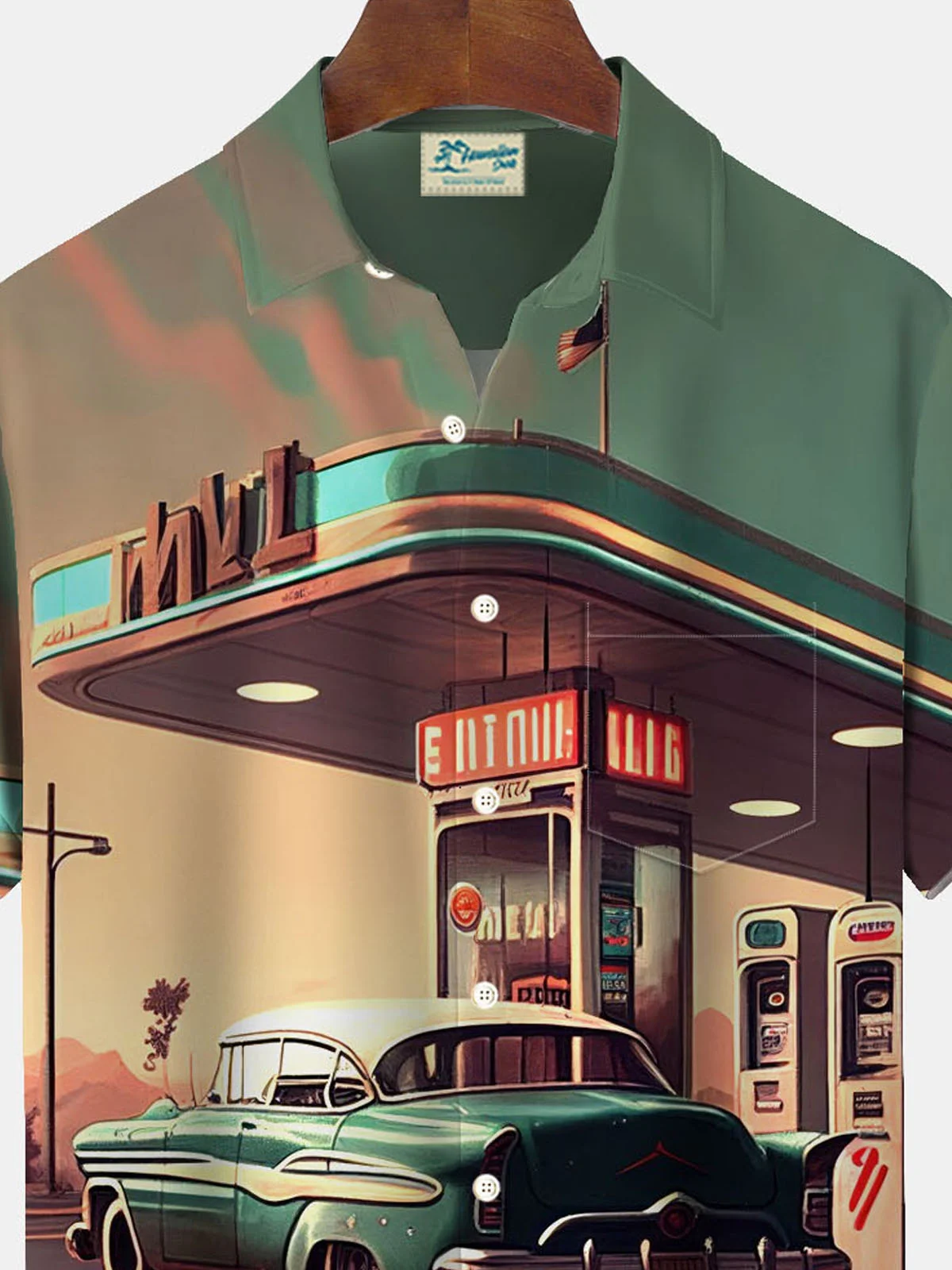 Royaura® Retro Classic Car 66 Highway Gas Station 3D Digital Printing Men's Button Pocket Short Sleeve Shirt Big & Tall