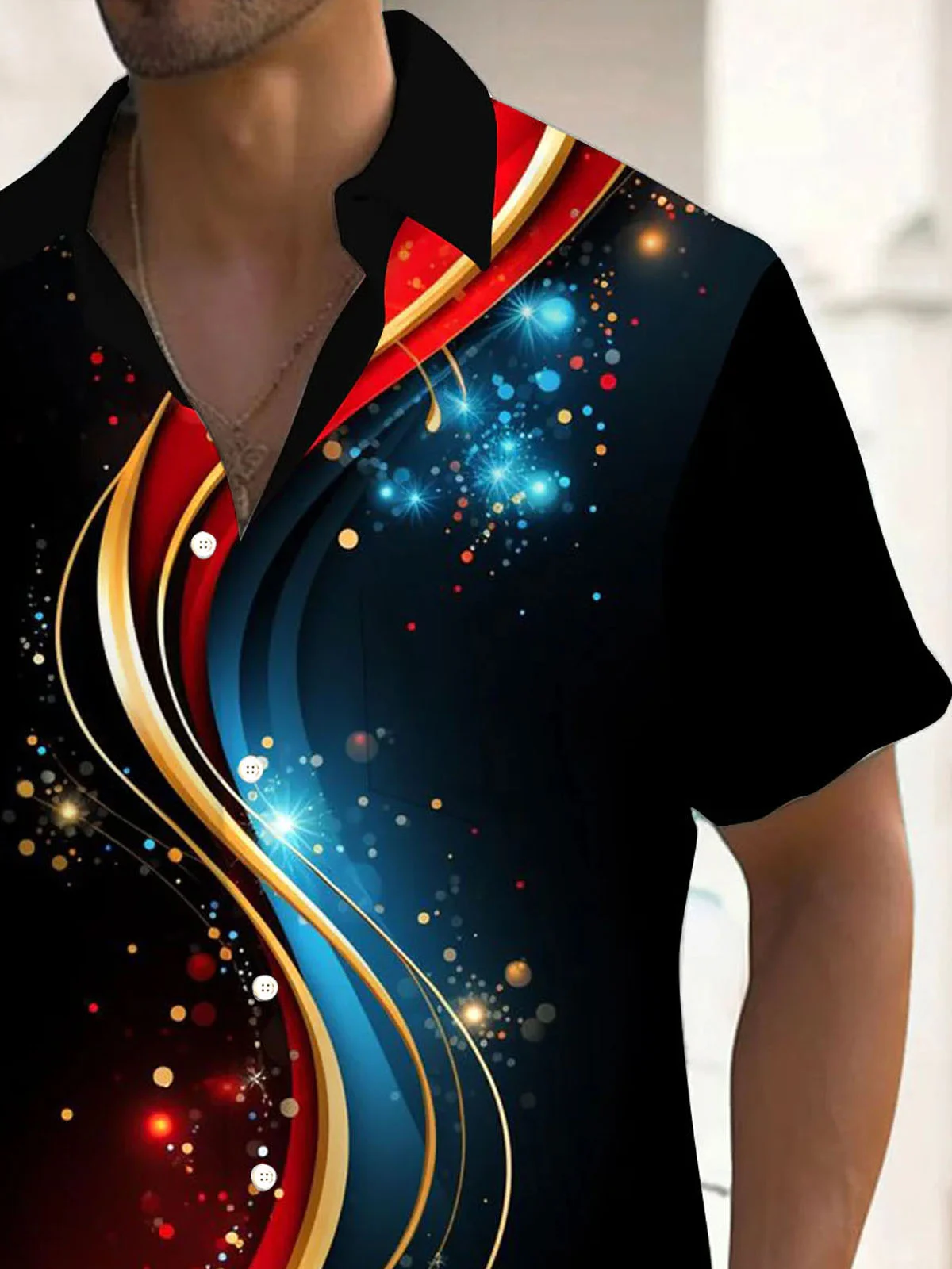 Royaura® Retro Gradient Ribbon Holiday 3D Digital Print Men's Button Pocket Short Sleeve Shirt Big & Tall