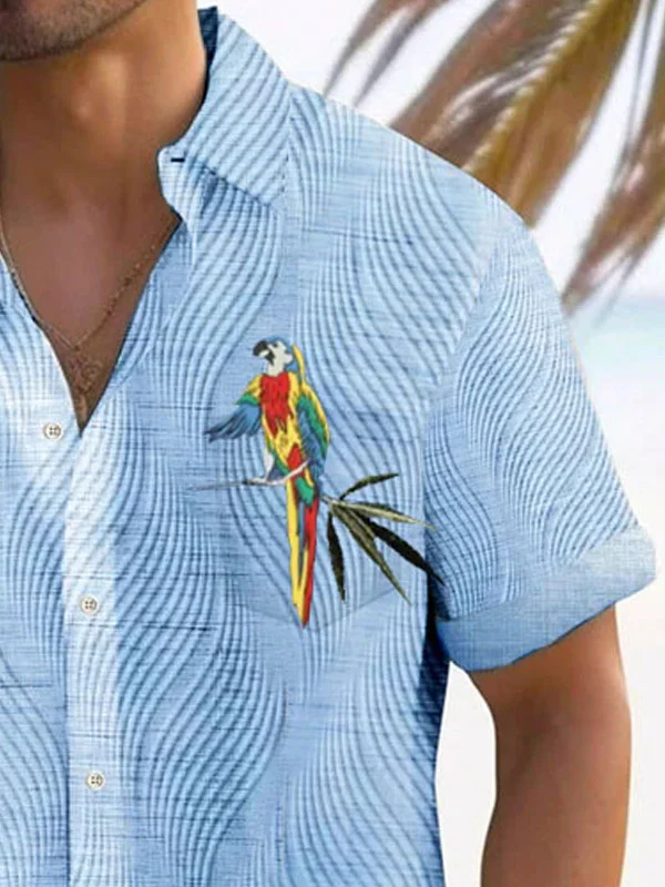 Royaura® Vintage Parrot Texture 3D Digital Print Men's Button Pocket Short Sleeve Shirt Big & Tall