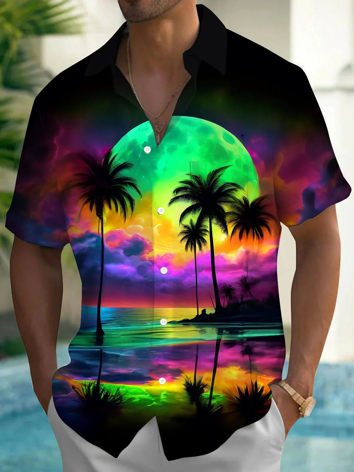 Royaura® Hawaiian Coconut Tree Natural Scenery 3D Print Men's Button Pocket Short Sleeve Shirt Big & Tall