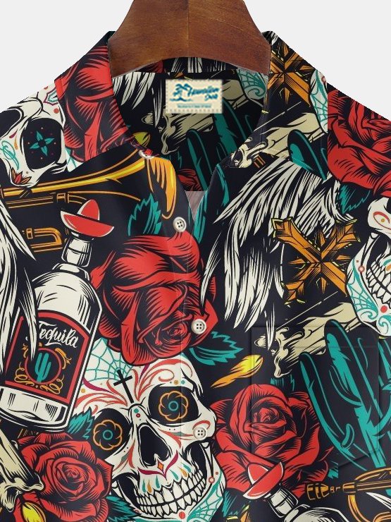 Royaura® Vintage Skull Tattoo Print Chest Pocket Shirt Plus Size Men's Shirt Big Tall