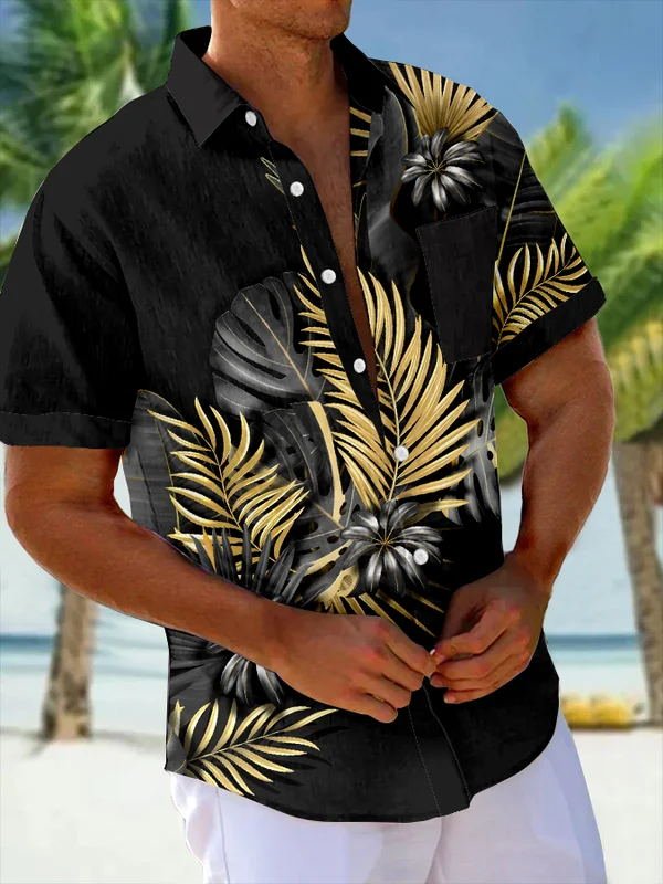 Royaura® Beach Vacation Men's Hawaiian Shirt Botanical Print Pocket Camping Shirt Big Tall