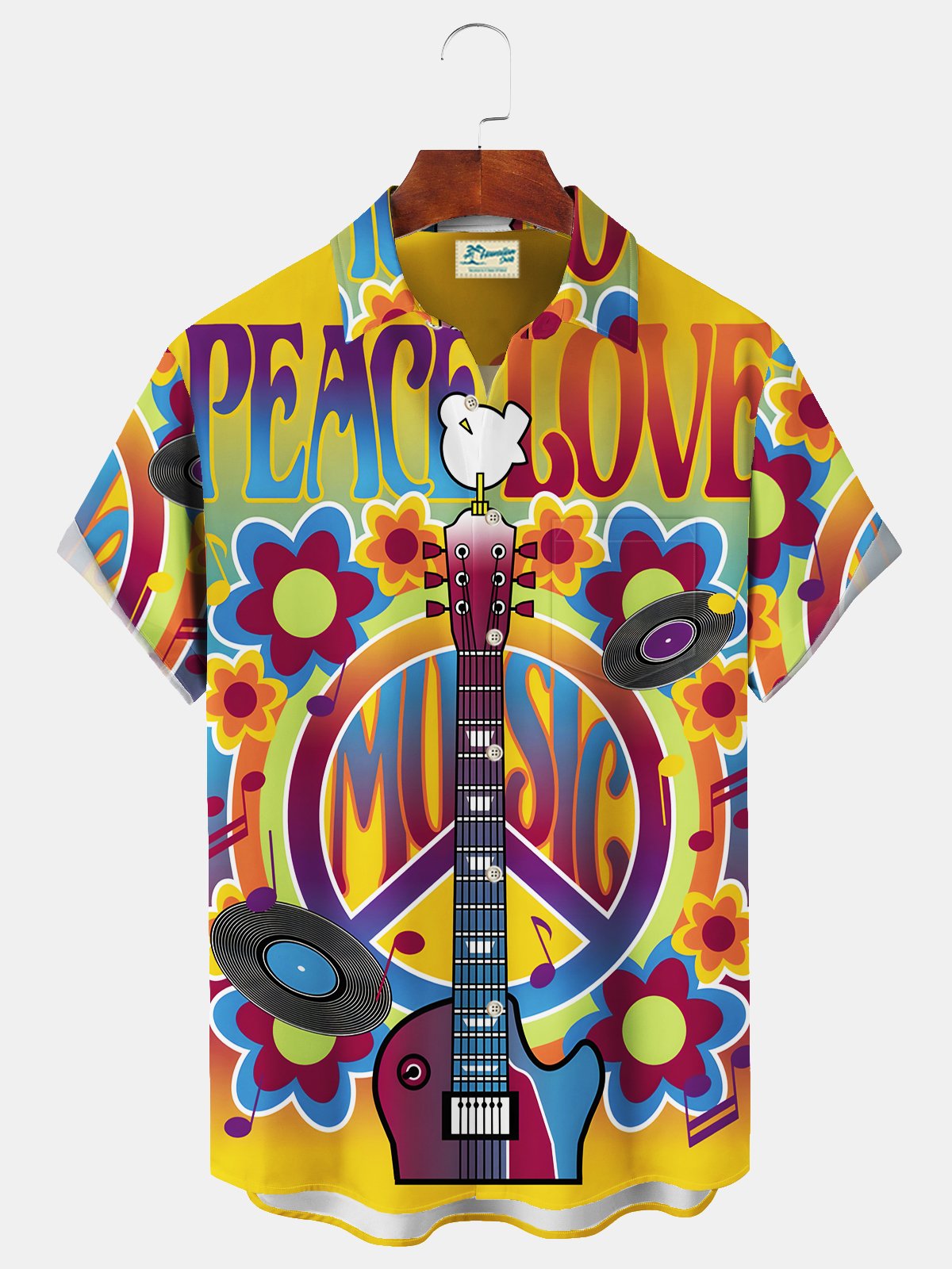 Royaura® 60's Retro Hippie Men's Hawaiian Shirt Music Peace Love Art Pocket Camp Shirt Big Tall