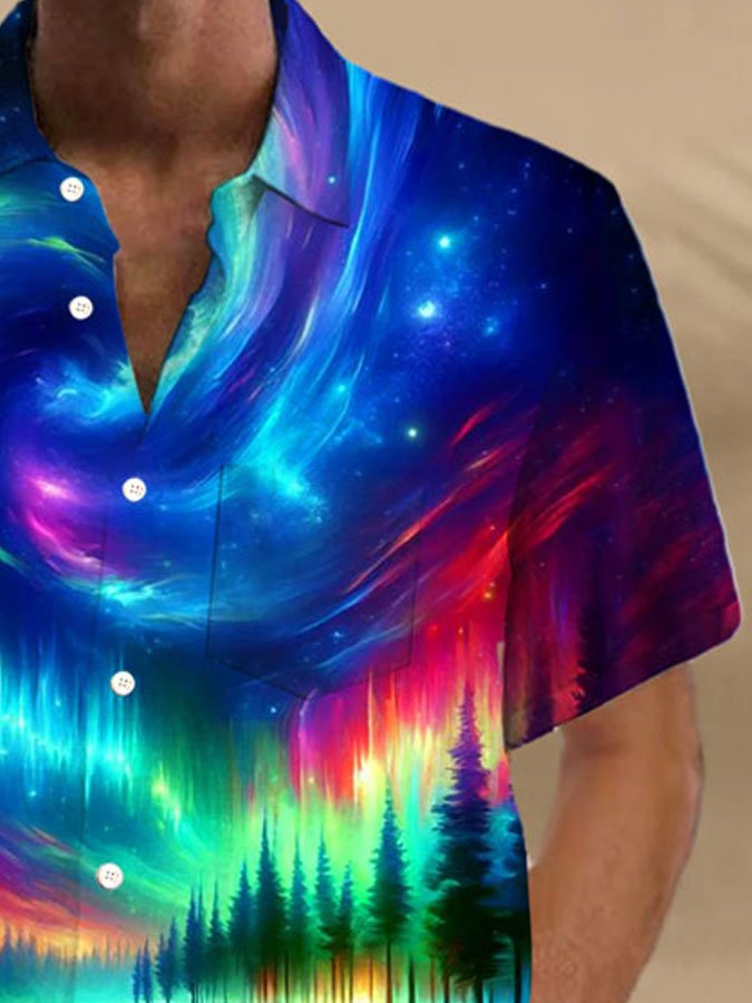 Royaura® Hawaii Gradient Natural Landscape Aurora 3D Digital Print Men's Button Pocket Short Sleeve Shirt Big & Tall